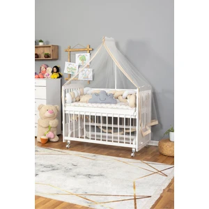 Ahşap Beşik Anne Yanı Beşik Beyaz 60X120 - Krem Beyaz Örgü Uyku Seti Seti + Yatak + Tekerlekli