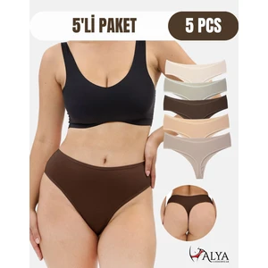 Alya Underwear Yüksek Bel, Toparlayıcı, Tanga Külotlar -  5'li Paket - Kahve, Taş, Pudra, Bej, Açık Kahve