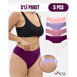 Alya Underwear Yüksek Bel, Toparlayıcı, Tanga Külotlar -  5'li Paket Fuşya, Somon, Ekru, Lila, Gül Kurusu