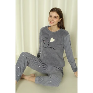 Fawn 04-3309 Peluş Welsoft Polar Kışlık Yumoş Kalpli Kedili Kadın Pijama Takımı