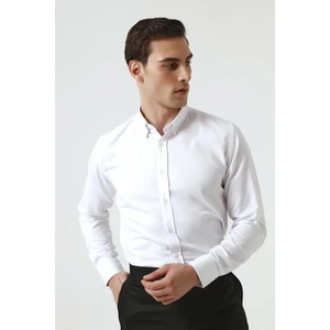 Slim Fit Beyaz Armürlü Düğmeli Yaka Pamuklu Gömlek 5HC02ORT07265