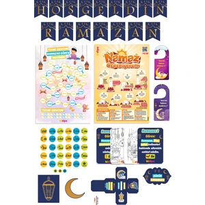 | Çocuklar Için Ramazan Seti - Oruç Takip Afişi, Namaz, Görev Kartları, Sticker, Süsler ve Kapı Askısı