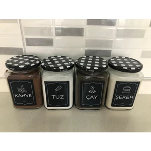 Dekoratif Cam Saklama Kabı 4 Lü Çay,Kahve,Tuz,Şeker 720 cc