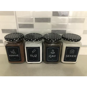 Dekoratif Cam Saklama Kabı 4 Lü Çay,Kahve,Tuz,Şeker 720 cc
