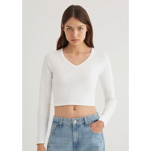 Uzun Kollu Beyaz Crop Basic Tişört 1613041-70057