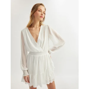 Volanlı Uzun Kollu Gipeli Kruvaze Yaka Tül Mini Elbise