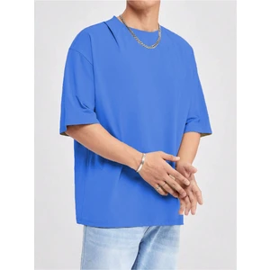 Basic Süprem T-Shirt - Sax Mavi Oversize Bisiklet Yaka Tişört