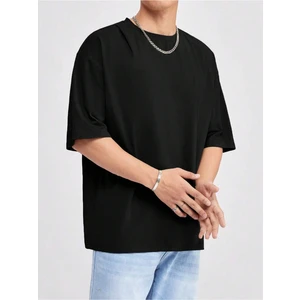 Basic Süprem T-Shirt - Siyah Oversize Bisiklet Yaka Tişört