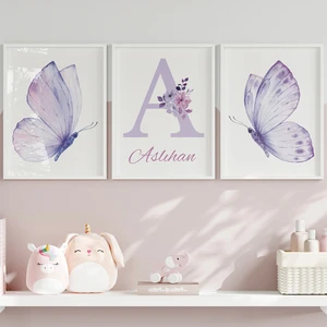 Çocuk Kalbi Atölyesi Kelebekli Kız Bebek ve Çocuk Odası 3'lü Tablo Isim Seti, Çocuk Odası Tablosu
