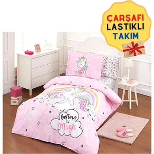 Pembe Unicorn Lastikli Çarşaf Tek Kişilik Nevresim Takımı 5253
