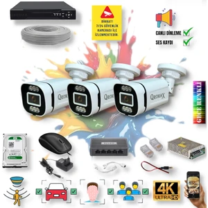 Qromax 3 Kameralı IP Set - Yapay Zeka Özellikli Gece Renkli Gösteren Sesli 6 Warm Ledli 4K FULLHD IP Güvenlik Kamerası Seti 4386WS