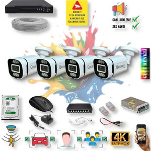 Qromax 4 Kameralı IP Set - Yapay Zeka Özellikli Gece Renkli Gösteren Sesli 6 Warm Ledli 4K FULLHD IP Güvenlik Kamerası Seti 4386WS