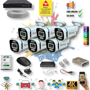 Qromax 6 Kameralı IP Set - Yapay Zeka Özellikli Gece Renkli Gösteren Sesli 6 Warm Ledli 4K FULLHD IP Güvenlik Kamerası Seti 4386WS