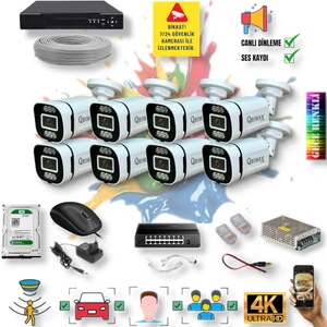 Qromax 8 Kameralı IP Set - Yapay Zeka Özellikli Gece Renkli Gösteren Sesli 6 Warm Ledli 4K FULLHD IP Güvenlik Kamerası Seti 4386WS