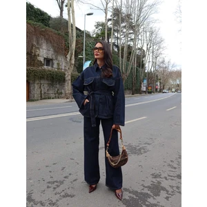 Esra Helvacı Patlı Yaka Denim Gömlek Pantolon Takımı