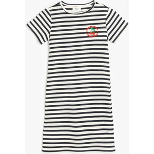 Bisiklet Yaka Kısa Kollu Çizgili Elbise