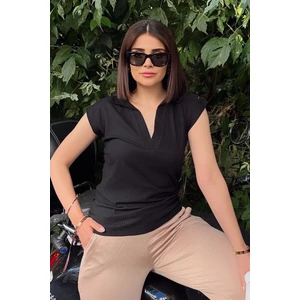 New Laviva Siyah Polo Yaka, Kısa Kol, Fitilli Kaşkorşe Kumaş, Basic Kalıp/kesim, Spor ve Günlük Bluz & T-Shirt