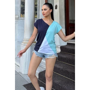 New Laviva Kadın Lacı Mint Kısa Kol, Color Block Tasarım, Salaş Bluz, Tshirt