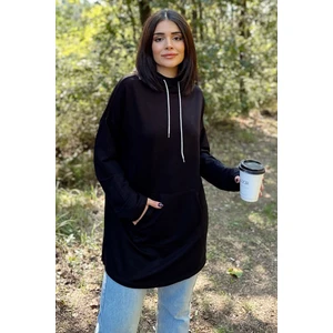 New Laviva Kadın Siyah Uzun Kol, Yakası Bağcıklı, Kapüşonlu, Kanguru Cep, Salaş, Uzun Tunik Sweatshirt