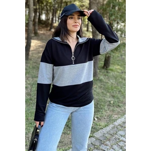 New Laviva Kadın Siyah Uzun Kol, Dik Yaka, Fermuarlı, Double Color Block Basic Sweatshirt Bluz