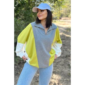 New Laviva Kadın Gri Polo Yaka Uzun Yarasa Kol Lastikli Manşet Asimetrik Color Block Salaş Sweatshirt Bluz