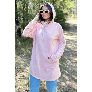 New Laviva Kadın Pudra Uzun Kol, Yakası Bağcıklı, Kapüşonlu, Kanguru Cep, Salaş, Uzun Tunik Sweatshirt
