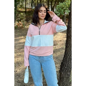 New Laviva Kadın Pembe Uzun Kol, Dik Yaka, Fermuarlı, Double Color Block Basic Sweatshirt Bluz