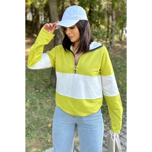 New Laviva Kadın Yağ Yeşili Uzun Kol, Dik Yaka, Fermuarlı, Double Color Block Basic Sweatshirt Bluz