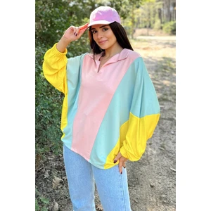 New Laviva Kadın Pembe Polo Yaka Yarasa Kol Lastikli Manşet Asimetrik Color Block Salaş Sweatshirt Bluz