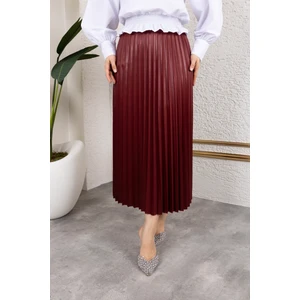 Kadın Tesettür Giyim Deri Görünümlü Beli Lastikli Piliseli Uzun Etek