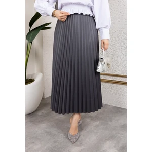 Kadın Tesettür Giyim Deri Görünümlü Beli Lastikli Piliseli Uzun Etek