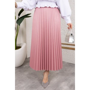 Kadın Tesettür Giyim Deri Görünümlü Beli Lastikli Piliseli Uzun Etek