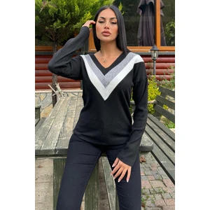 New Laviva Kadın Siyah Uzun Kollu V Yaka Color Block Pamuklu Bluz Sweatshirt