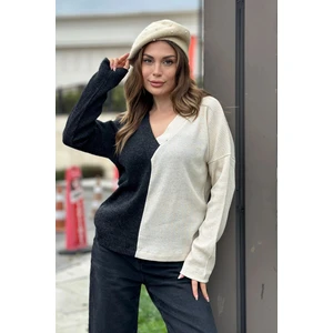 New Laviva Kadın Antrasit & Vizon Günlük Stil V Yaka Bloklu Uzun Kol Kazak Bluz Sweatshirt