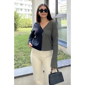 New Laviva Kadın Antrasit & Haki Günlük Stil V Yaka Color Block, Uzun Kol Kazak Bluz, Pamuklu Sweatshirt
