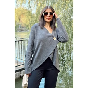 New Laviva Kadın Antrasit Asimetrik Kesim, Düğmeli, Salaş Hırka Bluz