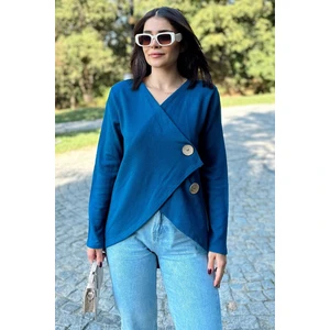 New Laviva Kadın Indigo Asimetrik Kesim, Düğmeli, Salaş Hırka Bluz
