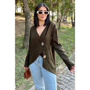 New Laviva Kadın Haki Asimetrik Kesim, Düğmeli, Salaş Hırka Bluz