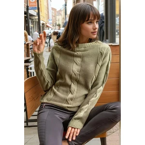 Haki Modern Kesim Örgü Desenli Yumuşak Dokulu Triko Kazak