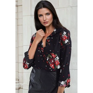 New Laviva Siyah Çiçek Desenli, Uzun Kollu, Klasik Kesim, Gömlek