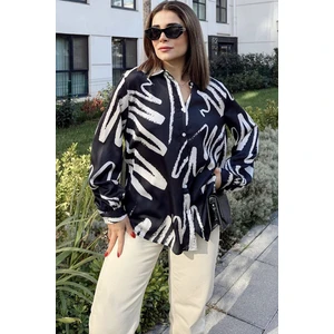 Kadın Siyah Uzun Balon Kol, Saten Kumaş, Arkası Pliseli, Salaş Dökümlü Gömlek