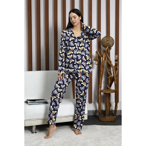 Vg Bond Moda Desenli Düğmeli Uzun Kol Süprem Kadın Ikili Pijama Takımı VG124