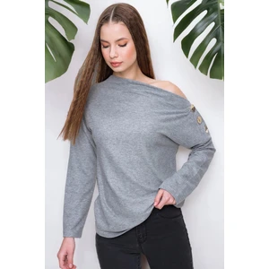 New Laviva Kadın Gri Kayık Yaka Uzun Kol Omuz Dekolteli, Düğmeli Detaylı Regular Kesim Standart Boy Bluz