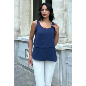 Lacivert Müslin Katlı Bluz