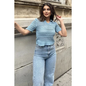 Kadın Mavi Ajurlu Merserize Triko Örme, Terletmez, Salaş Kalıp, Polo Yaka Bluz