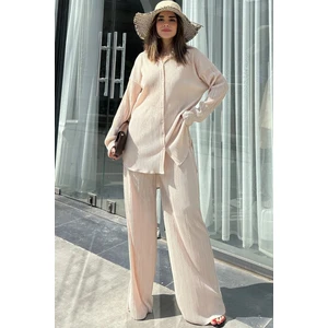 New Laviva Kadın Bej Uzun Tunik Gömlek & Beli Lastikli, Bol Paça Pantolon - Salaş Bürümcük Takım