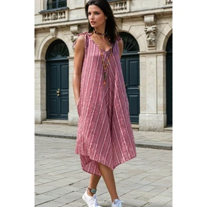 New Laviva Bordo, V Yaka, Çizgili, İnce Askılı, Cep Detaylı, Salaş Kesim Tulum