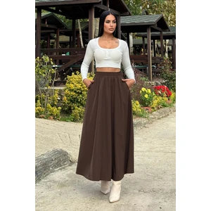 New Laviva Kahverengi Lastikli Yüksek Bel, A Kesim, Dökümlü ve Salaş, Uzun Kupra Etek