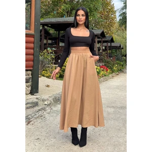 New Laviva Camel Lastikli Yüksek Bel, A Kesim, Dökümlü ve Salaş, Uzun Kupra Etek