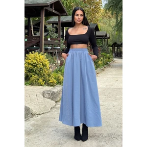 New Laviva Mavi Lastikli Yüksek Bel, A Kesim, Dökümlü ve Salaş, Uzun Kupra Etek
